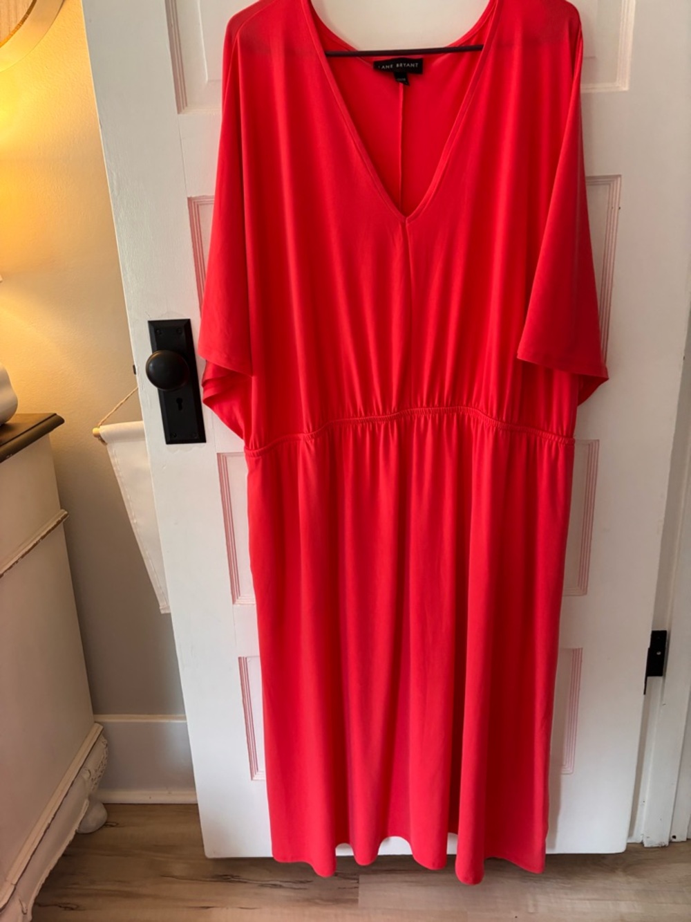 Lane Bryant Coral V-Neck Midi Dress with Pockets - Spring Style